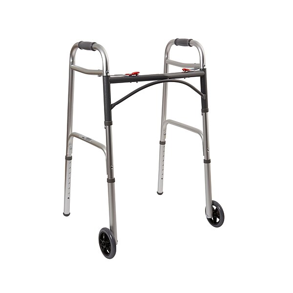 McKesson Dual Release Folding Walker with Wheels, Adjustable Height 32 to 39 Inch, Aluminum Frame, 350 lb Capacity