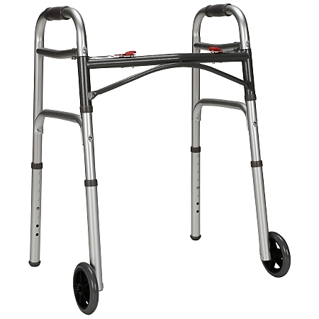 McKesson Dual Release Folding Walker with Wheels, Adjustable Height 25 to 32-1/4 Inch, Aluminum Frame, 350 lb Capacity