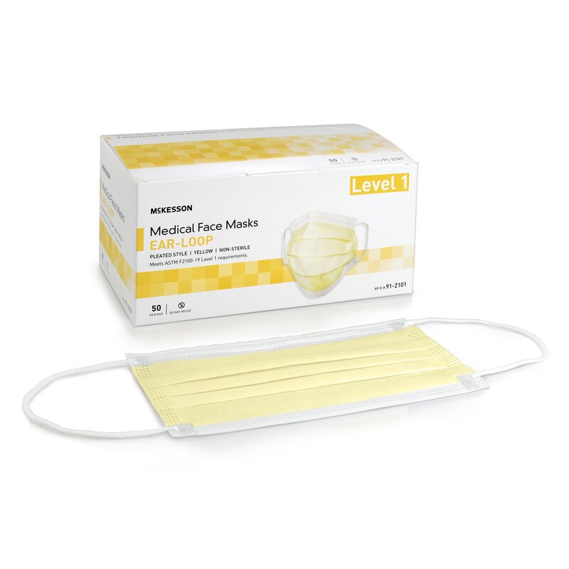McKesson Procedure Mask – ASTM Level 1, Earloop, Yellow, One Size Fits Most