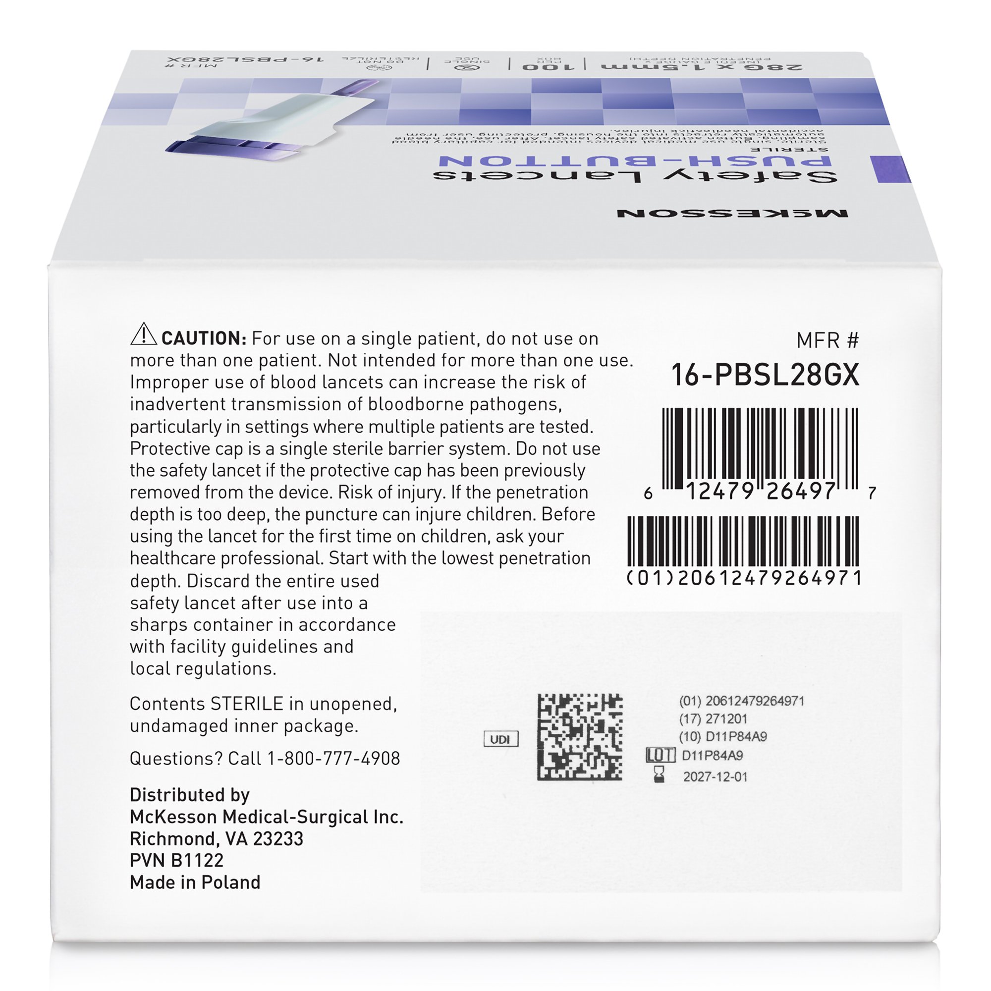 McKesson Safety Lancets, 28G, Push Button, 1.5 mm Depth