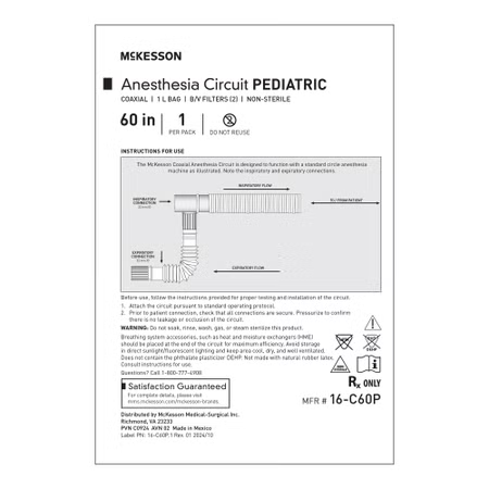 McKesson Pediatric Anesthesia Breathing Circuit, Coaxial Single Limb, 60 Inch, 1 Liter Bag, EA