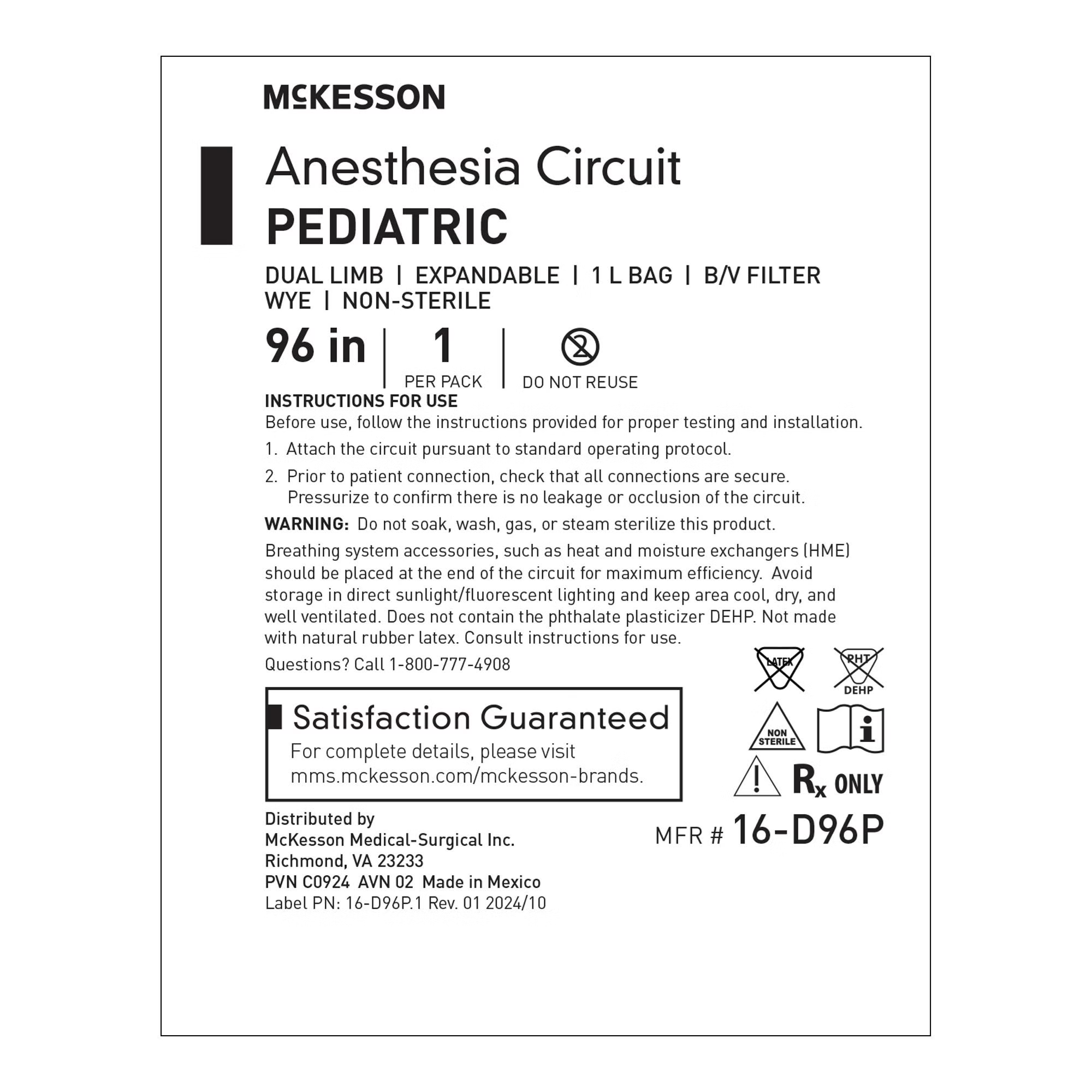 McKesson Pediatric Anesthesia Breathing Circuit, Dual Limb, 96 Inch, 1 Liter Bag, EA