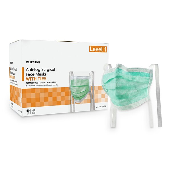 McKesson Surgical Mask, ASTM Level 1, Anti-Fog, Tie Closure, One Size Fits Most