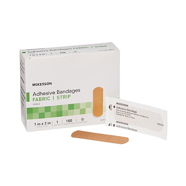 McKesson Adhesive Strip Bandage 1" x 3" Fabric Tan Sterile (BX/100EA)