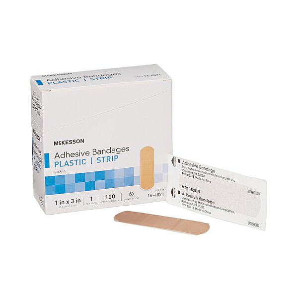 McKesson Adhesive Strip Bandage 1" x 3" Plastic Tan Sterile (BX/100EA)