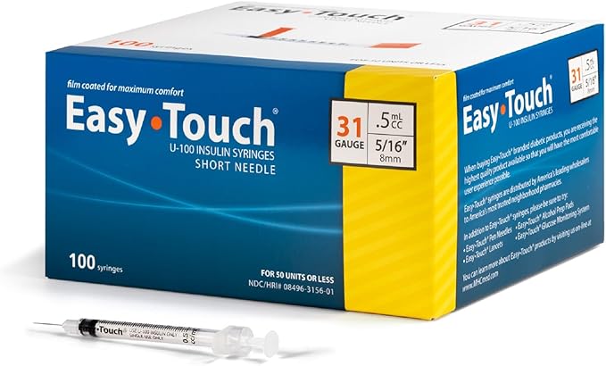EasyTouch® U-100 Insulin Syringes, 31G, 0.5 mL, 5/16 Inch