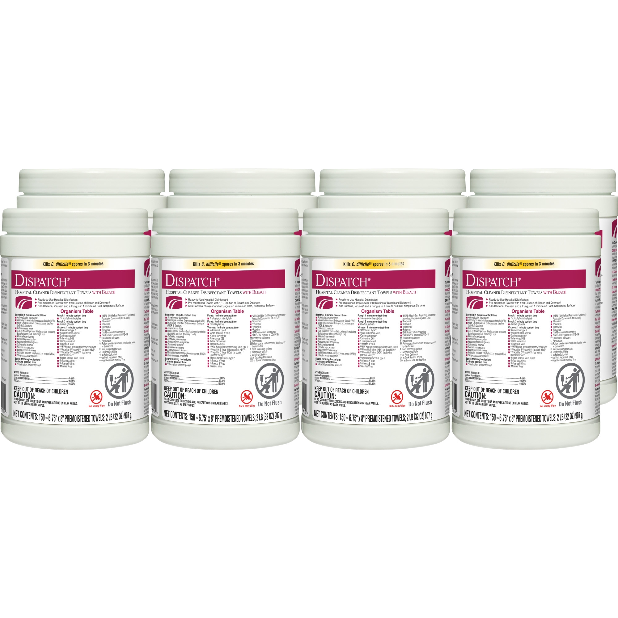 Dispatch® with Bleach Surface Disinfectant Cleaner Premoistened Manual Pull Wipes 150 Count Canister