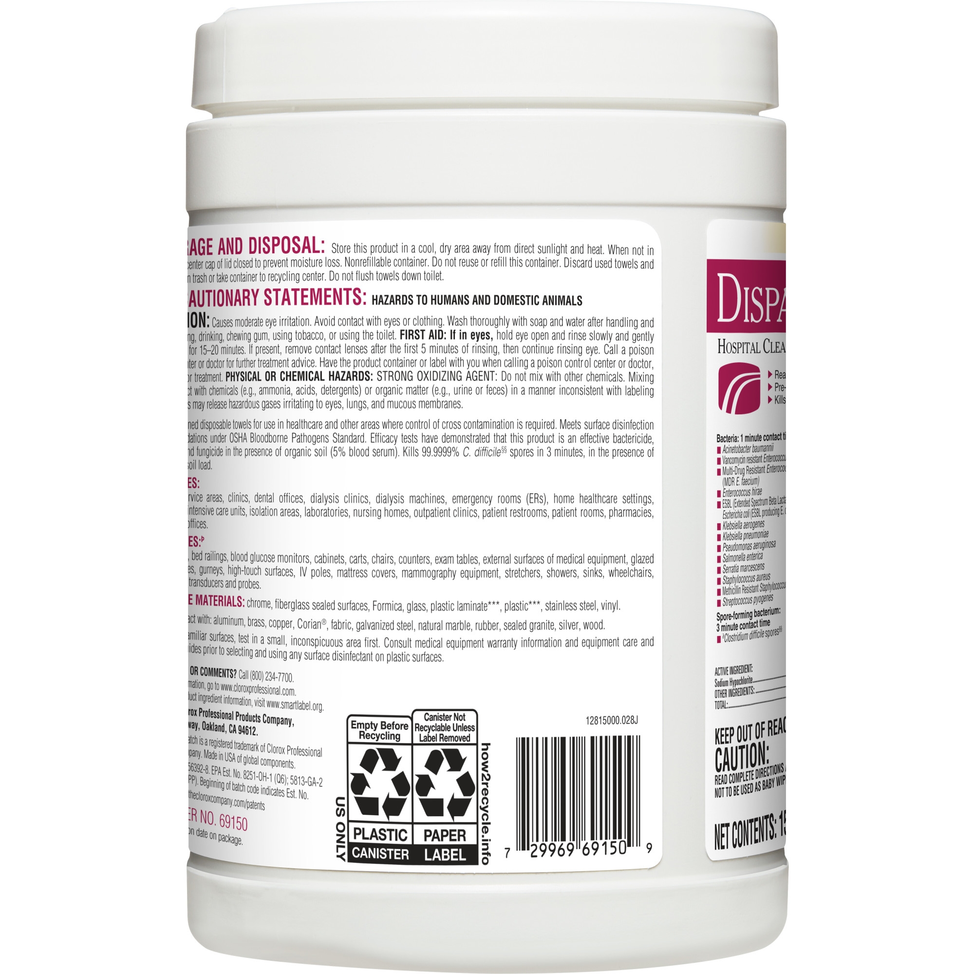 Dispatch® with Bleach Surface Disinfectant Cleaner Premoistened Manual Pull Wipes 150 Count Canister