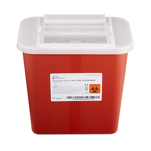 McKesson Prevent® Sharps Container, 2 Gallon, Horizontal Entry, Red Base, EA/1 or CS/20EA