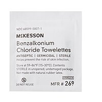 McKesson Antiseptic Skin Towelettes BZK 0.13%, 5" × 7", Sterile, Unscented (100/Box)