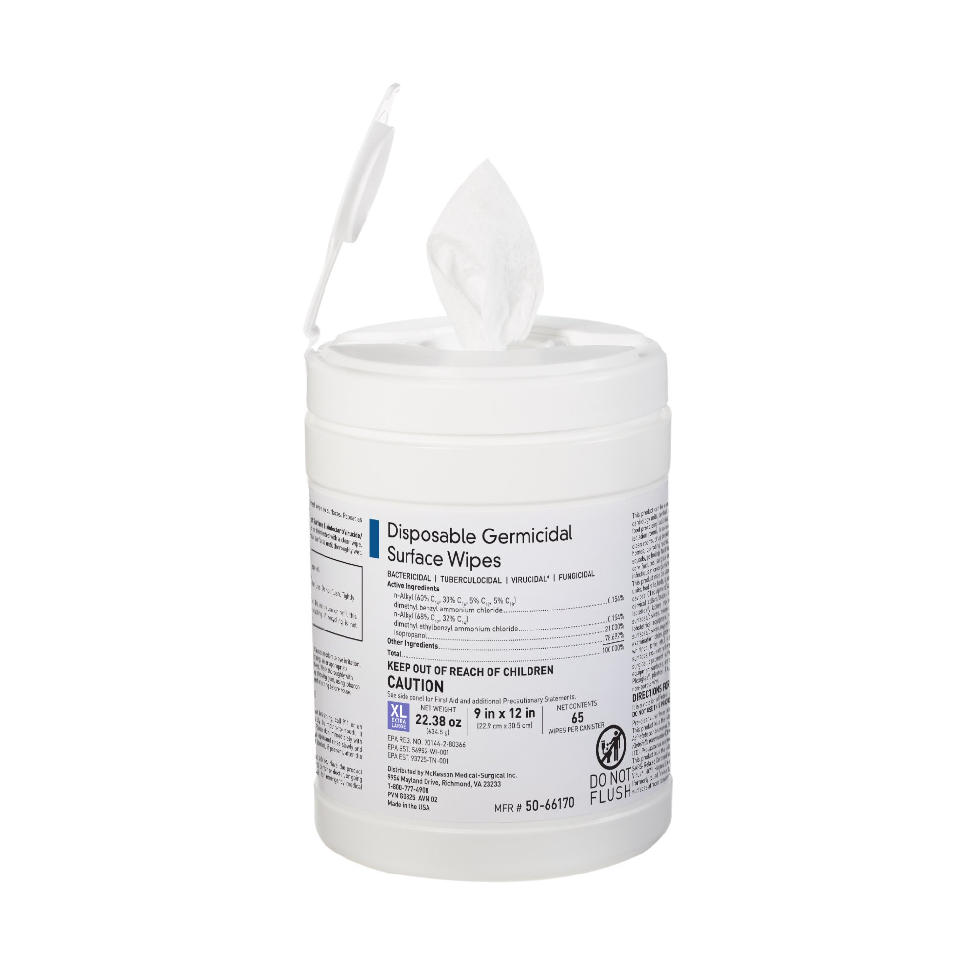 Surface Disinfectant Cleaner McKesson Premoistened Bleach Germicidal Manual Pull Wipe 65 Count Canister Alcohol Scent NonSterile