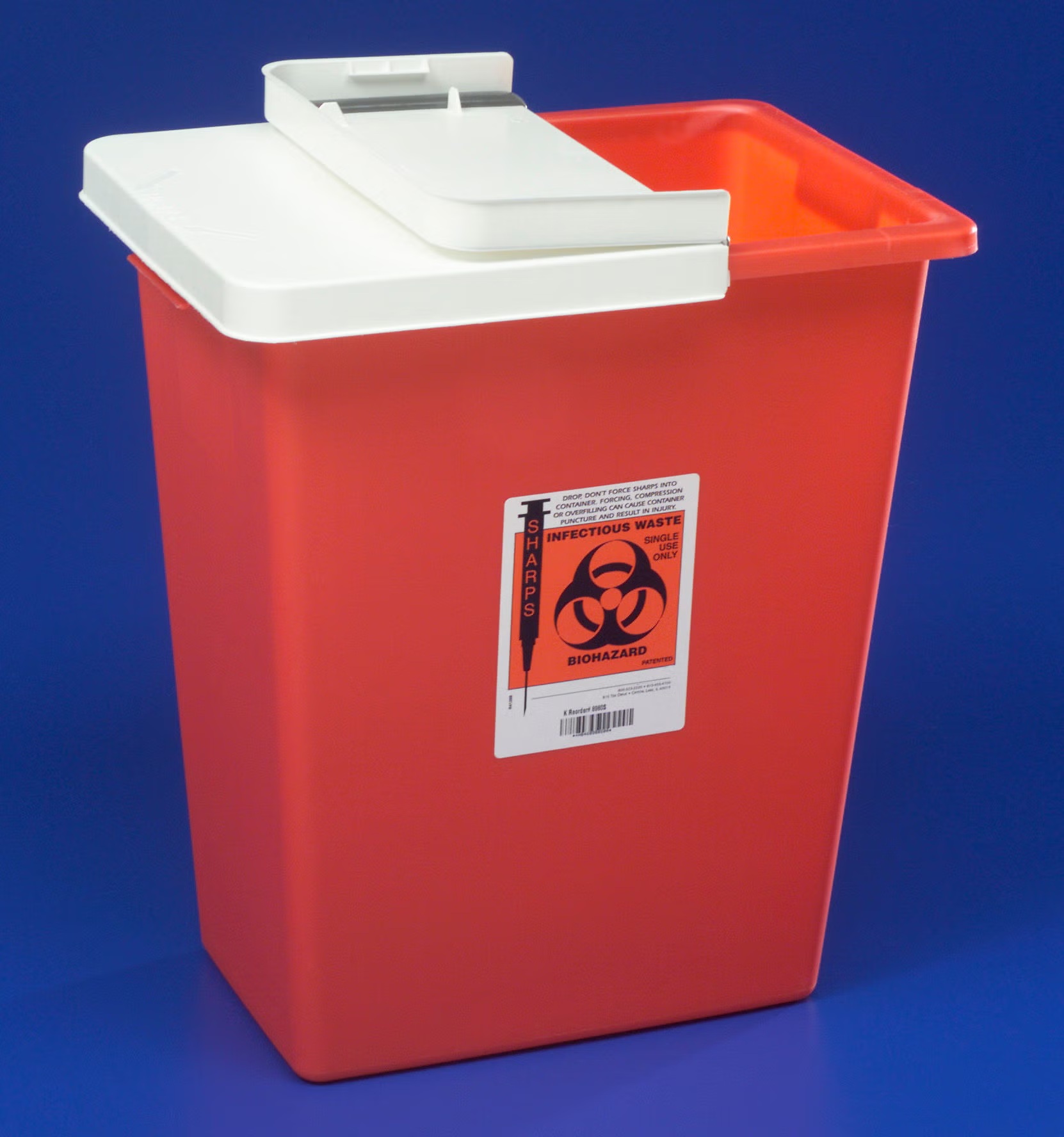 Cardinal Health SharpSafety™ Large Volume Sharps Container, 8 Gallon, Red Base, White Gasketed Hinged Lid, Horizontal Entry