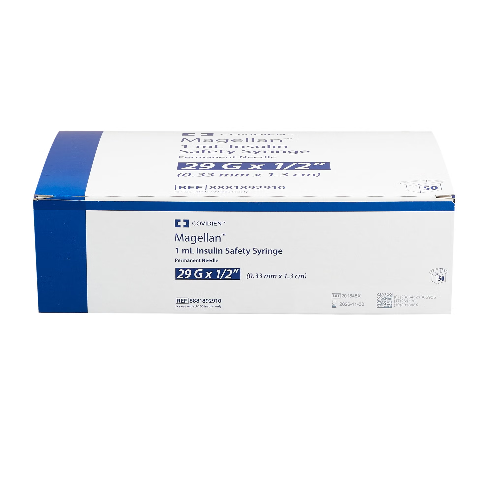 Magellan™ Safety Insulin Syringe with Needle, U-100, 1 mL, 29G x 1/2 Inch, Sterile, (CS/500EA)