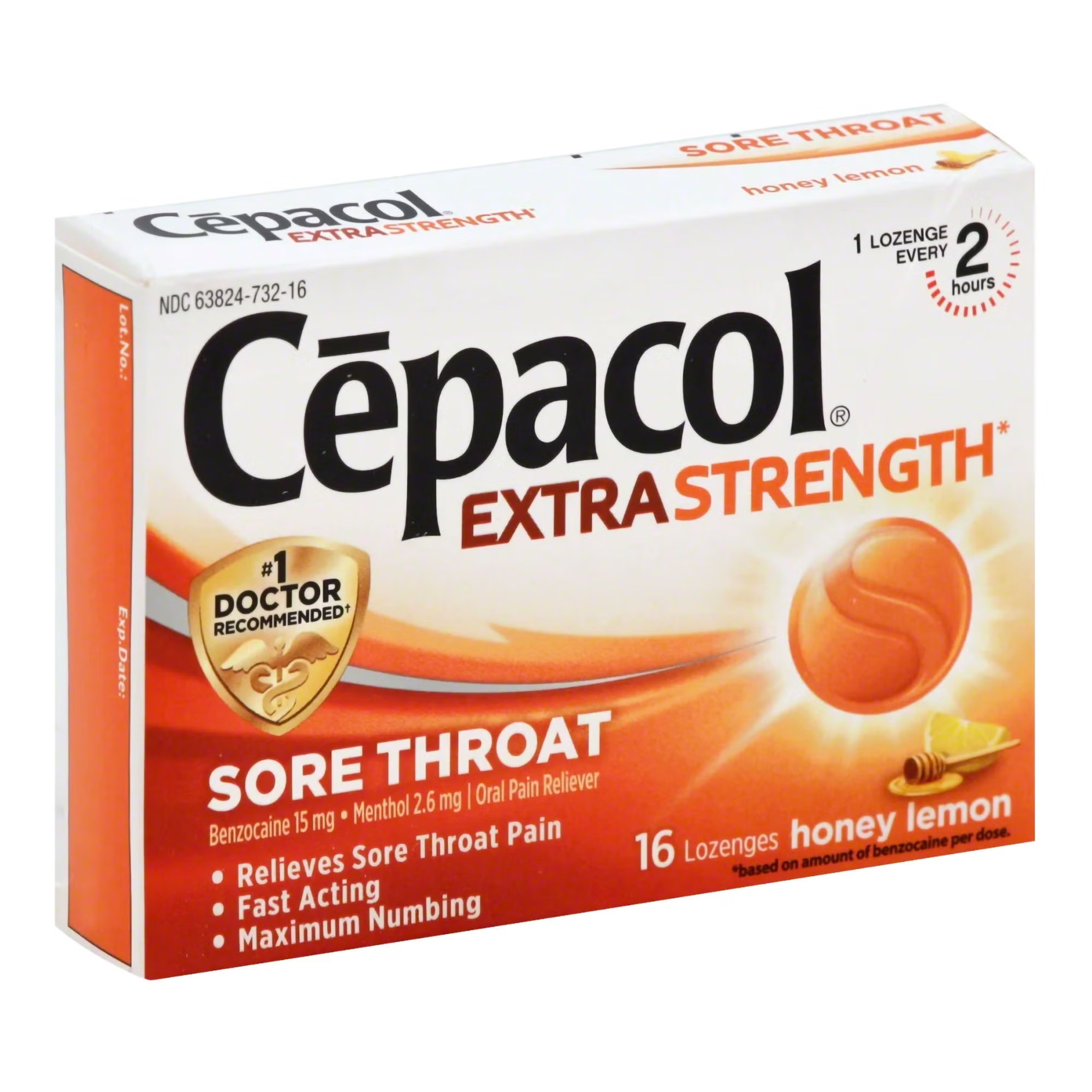 Cepacol® Extra Strength Sore Throat Lozenges, Benzocaine 15 mg / Menthol 2.6 mg, Honey Lemon, (BX/16EA)