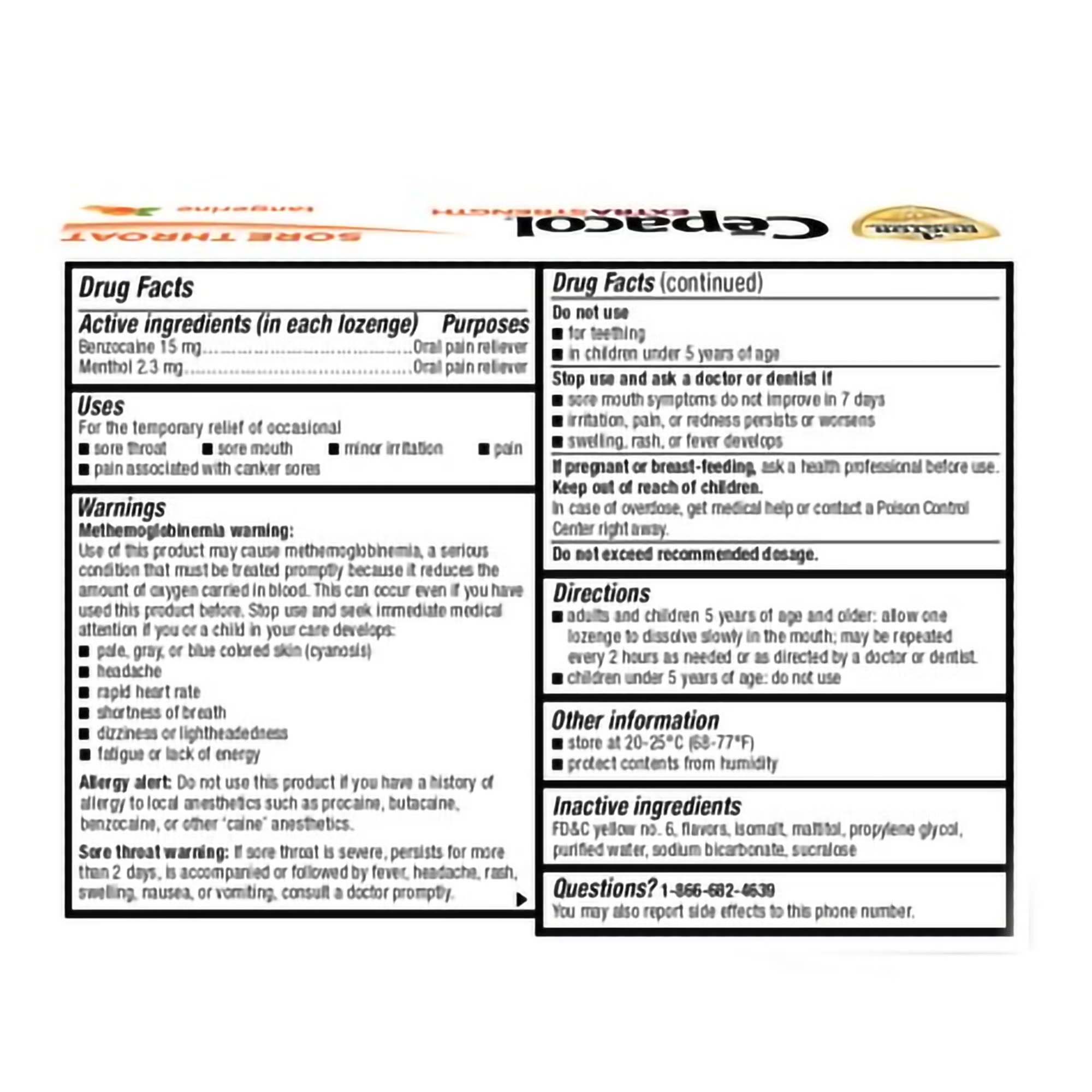 Cepacol® Extra Strength Sore Throat Lozenges, Benzocaine 15 mg / Menthol 2.6 mg, Honey Lemon, (BX/16EA)