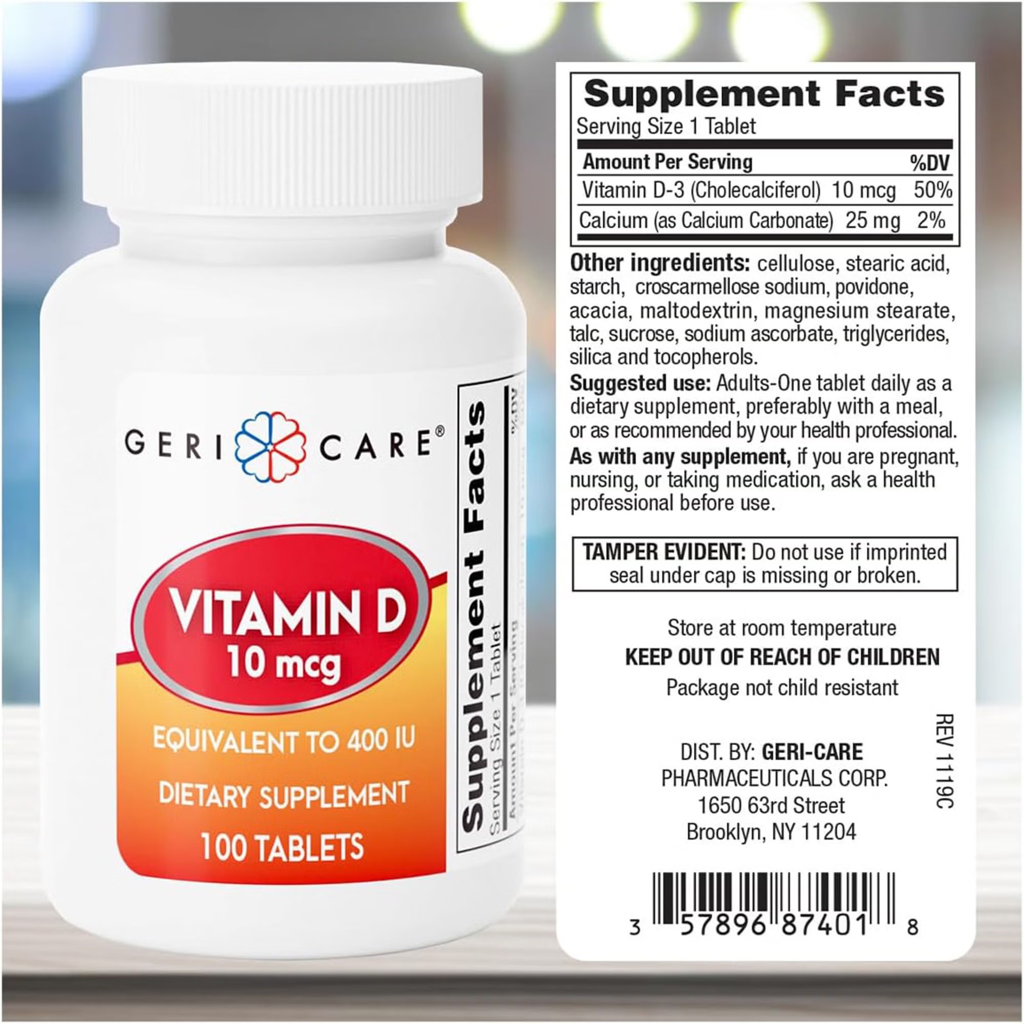 Geri-Care® Vitamin D3 Supplement, 400 IU (10 mcg), 100 Tablets, (BT/1)