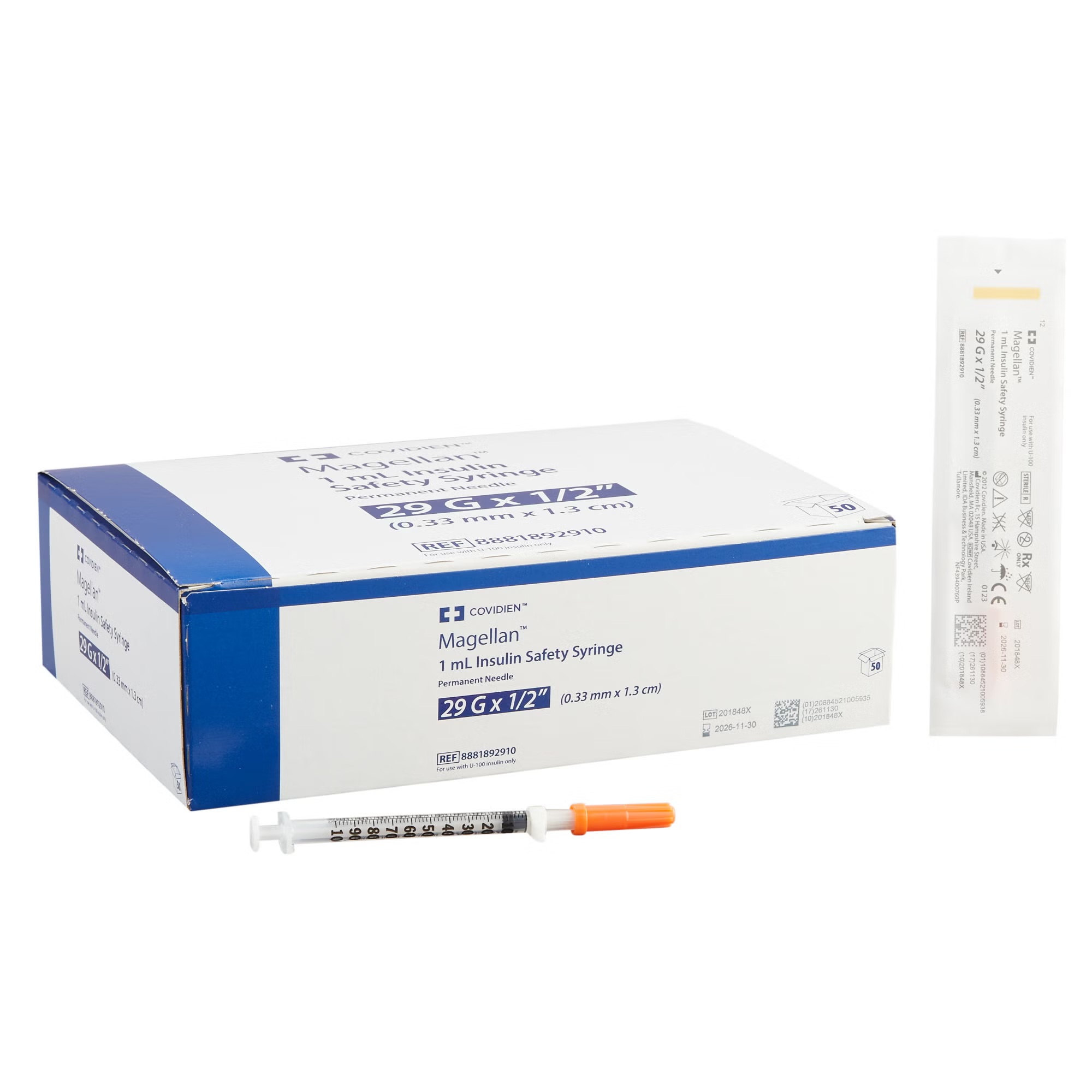 Magellan™ Safety Insulin Syringe with Needle, U-100, 1 mL, 29G x 1/2 Inch, Sterile, (CS/500EA)